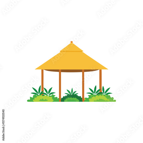 A yellow gazebo with green plants, isolated on white background