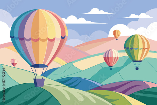 Colorful hot air balloons floating above a minimalist landscape vector illustration showing fields clouds and sky