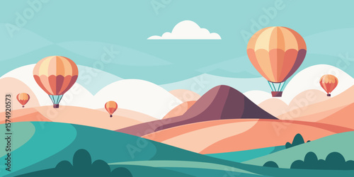 Colorful hot air balloons flying over a minimalist landscape with rolling hills and mountains flat design illustration
