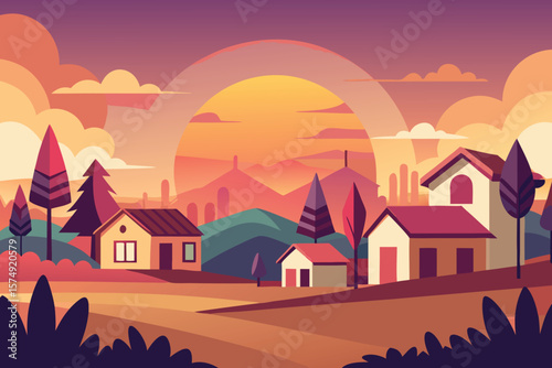 Colorful minimalist landscape with houses trees and sunset illustration showing a serene and peaceful village ambiance