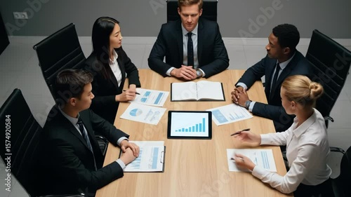 A diverse team of business professionals analyzing growth charts in a modern conference room.