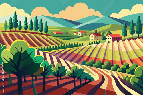 Minimalist landscape featuring italian countryside with farmhouses vineyards and cypress trees vector illustration