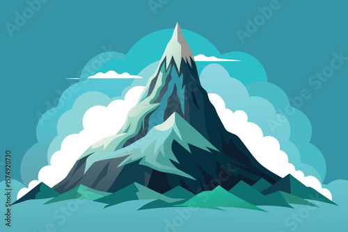 Minimalist landscape featuring majestic mountain peak surrounded by clouds in a serene and dreamy environment vector illustration