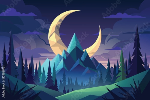 Minimalist landscape featuring crescent moon over mountains and forest at twilight dark scene in vector illustration