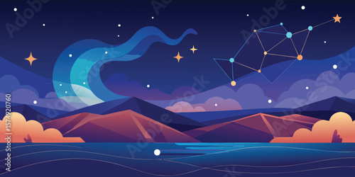 Minimalist landscape featuring constellation stars mountains and water under a night sky with auroral lights
