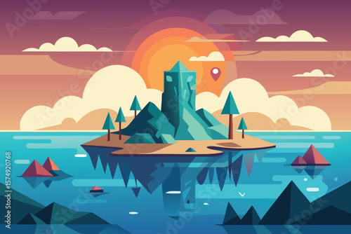 Minimalist landscape flat vector illustration of island castle at sunset over the sea with reflection scenery and beautiful nature