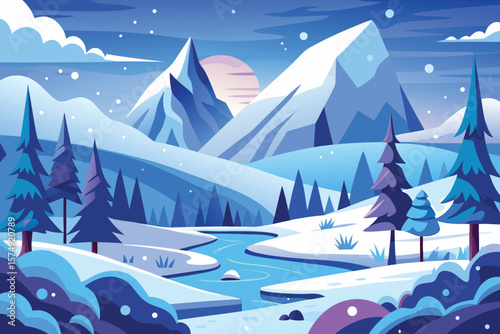Minimalist landscape illustration of a snowy mountain scene with pines and a frozen river at sunset