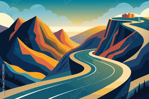 Minimalist landscape mountain road trip illustration vector design curving road through mountainous scenery scenic route adventure travel