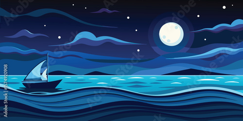 Minimalist landscape of a sailboat at night under a full moon with stars and clouds