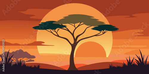 Minimalist landscape of african savanna sunset with acacia tree silhouette under warm orange sky