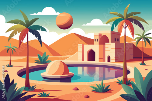 Minimalist landscape of desert oasis with architecture,palm trees and a water reflection,depicting a tranquil and peaceful escape under a bright sky