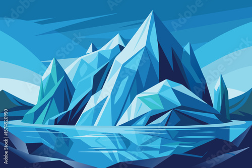 Minimalist landscape of blue mountains with reflections on water graphic illustration cold environment scene
