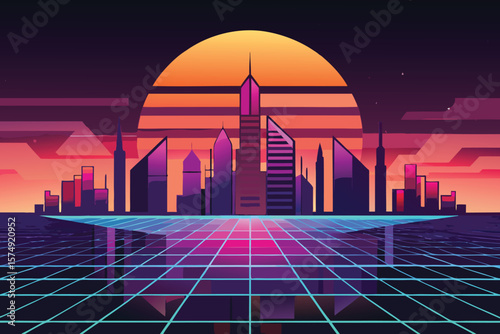 Minimalist landscape of futuristic cityscape with retro sunset and neon grid horizon in vector style