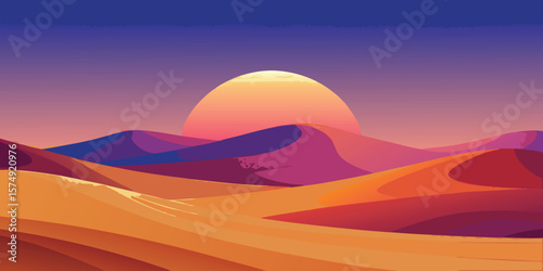 Minimalist landscape of desert dunes with a large setting sun under a colorful sky vector
