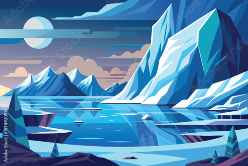 Minimalist landscape of ice mountains and serene lake with full moon in abstract style and cool blue palette