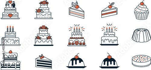 Cake line icon set. Vector pictograms of birthday cakes, wedding, cupcakes, pastry dessert, cheesecake thin linear illustration.