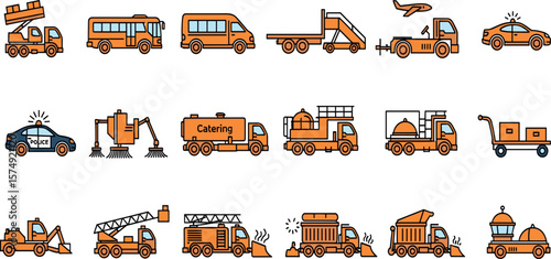 Airport ground support transport line icon set. Vector pictograms of runway inspection, sweeper, generator, water loader, passenger bus, thin linear illustration.