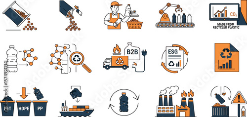Plastic recycling line icon set. Vector pictograms of waste, conveyor, sustainability, reuse, energy, thermal, chemical, sorting process, bin, truck, logistics, thin linear illustration