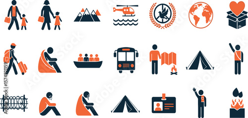 Refugee Crisis, Humanitarian Aid line icon set. Vector pictograms of migration, relief efforts, global support, displaced person ID card, tent shelter, family immigration thin linear illustration