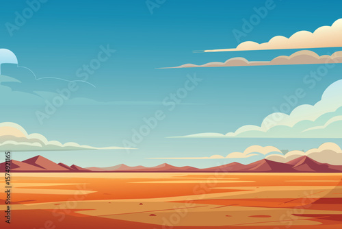 Minimalist landscape vector illustration desert scene with mountain range and cloudy blue sky background for creative use