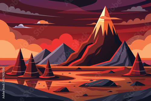 Minimalist landscape vector illustration featuring mountains lake and striking red and orange hues with dynamic sky