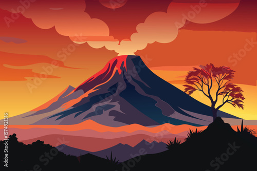 Minimalist landscape vector illustration of volcano eruption with lava flow under warm orange sunset sky and silhouette tree
