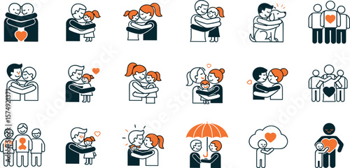 Hugs, line icon set. Vector pictograms of family, couple embraces, pet affection, symbolic support, comforting thin linear illustration