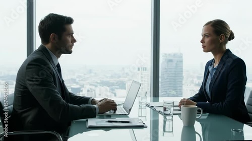 A businessman and businesswoman having a serious discussion in a modern office boardroom.