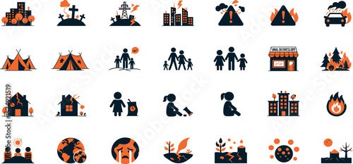 War Consequences line icon set. Vector pictograms of destruction, displacement, humanitarian crises, refugee camp, mass migration, power outage, graveyard, orphan child thin linear illustration
