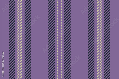 Fibre vertical seamless fabric, 70s lines pattern textile. No people stripe vector background texture in violet and dark colors.