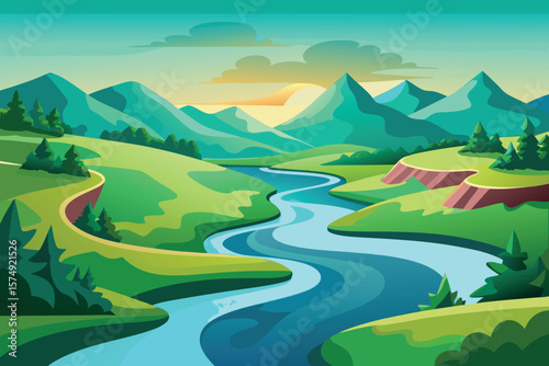 Minimalist landscape with winding river valley green hills and mountains at sunrise vector illustration scenic background
