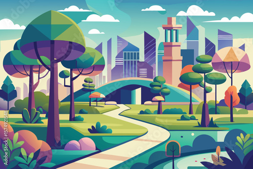 Modern city park minimalist landscape with geometric trees and architecture,featuring a winding path and vibrant color palette,creating a peaceful urban oasis