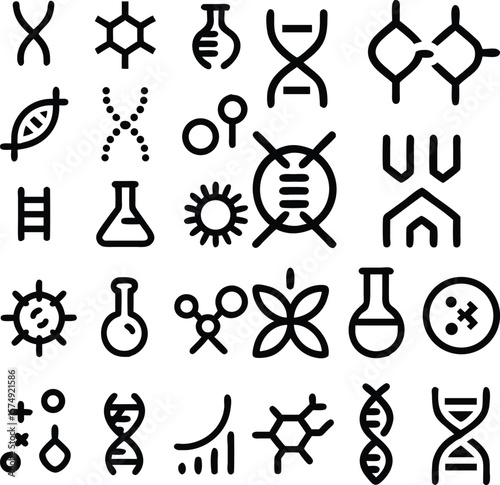 Collection of Black and White Scientific Icons D N A Molecules Cells Chemistry Biology Genetics Research