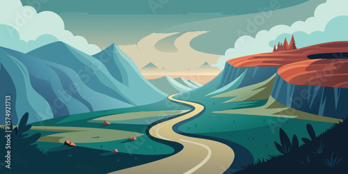 Serpentine road through mountainous minimalist landscape under a cloudy sky leading to distant peaks and lush vegetation
