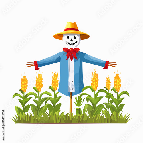 Colorful Scarecrow Sitting on a Post in a Field in Autumn 01