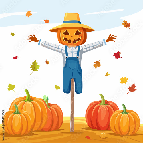 Colorful Scarecrow Sitting on a Post in a Field in Autumn 08