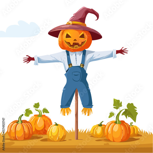 Colorful Scarecrow Sitting on a Post in a Field in Autumn 05