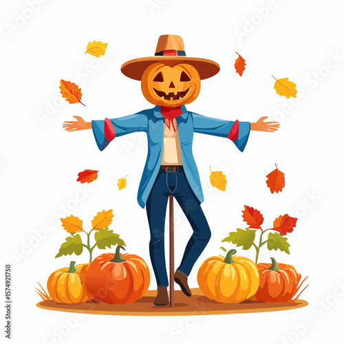 Colorful Scarecrow Sitting on a Post in a Field in Autumn 06