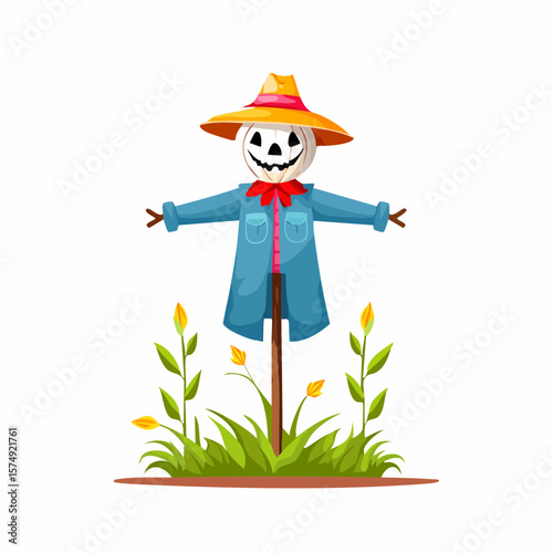 Colorful Scarecrow Sitting on a Post in a Field in Autumn 12