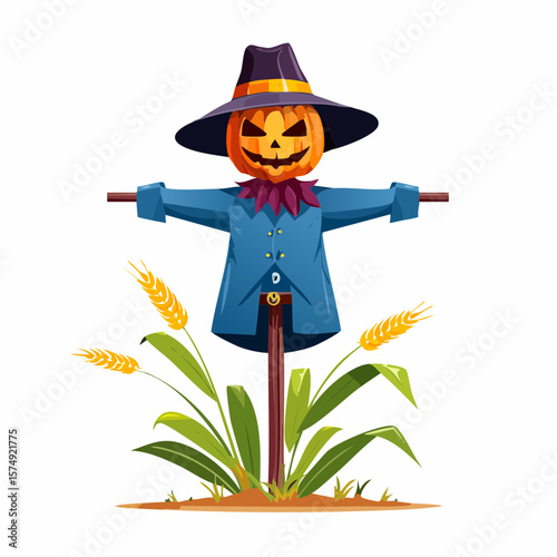 Colorful Scarecrow Sitting on a Post in a Field in Autumn 14