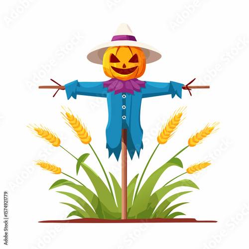 Colorful Scarecrow Sitting on a Post in a Field in Autumn 15