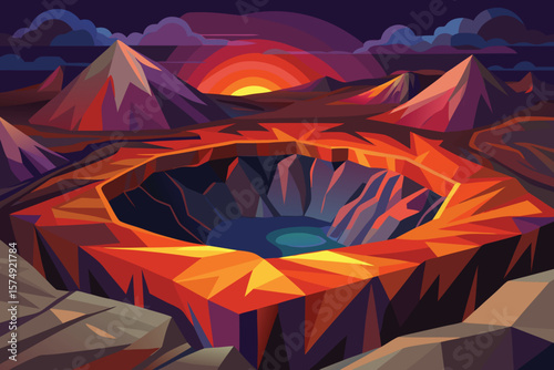 Sunset over the mountain crater minimalist landscape with geometric shapes and warm colors enhancing the abstract nature design