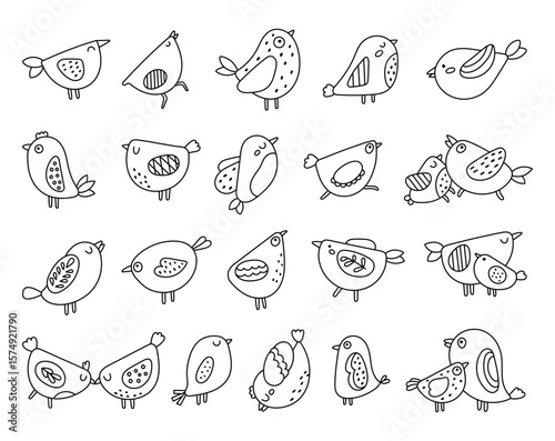 Bird character set in outline line art, flying cartoon animals and wings in cute pose for themed decorative use for your illustration and creative designs projects