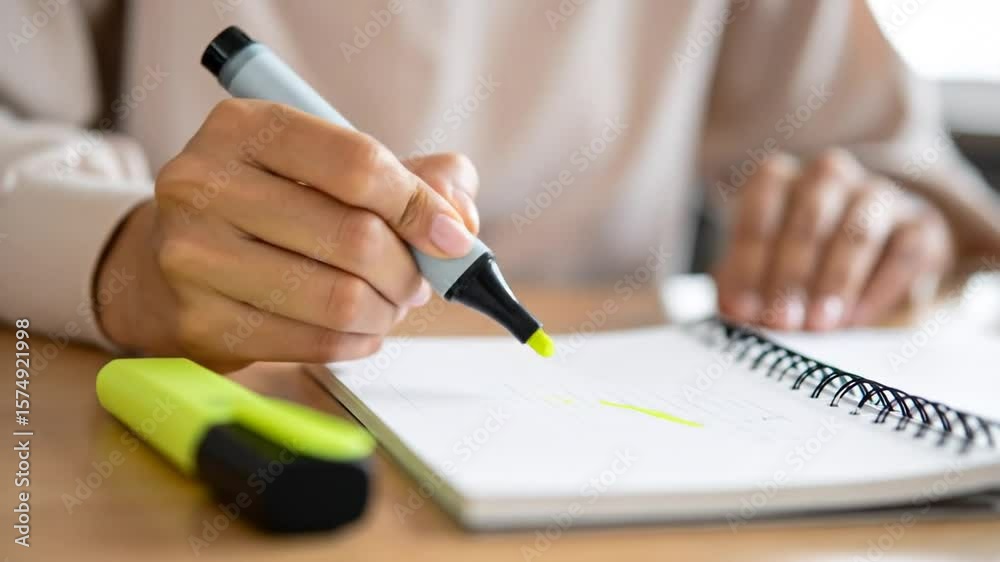 A person highlights a line in a notebook with a fluorescent yellow marker. Another marker lies nearby. A spiral-bound notebook is also visible