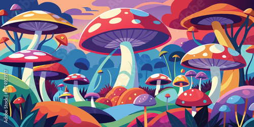 Whimsical mushroom garden colorful fungi vector illustration minimalist landscape