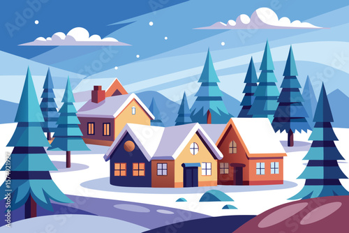 Winter village scene with colorful houses and pine trees in a minimalist landscape snowfall adds charm to a wintery neighborhood