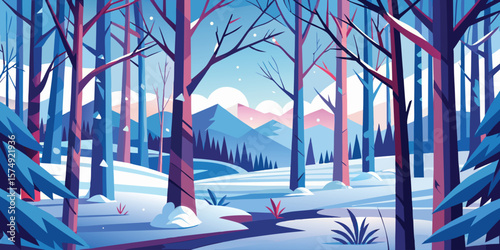 Winter forest scene with snow covered mountains and tall trees minimalist landscape illustration beautiful artistic rendering for background