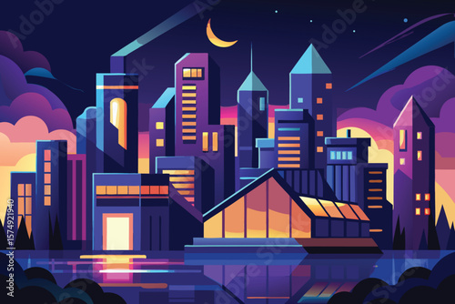 Vibrant vector cityscape minimalist landscape under moonlight with reflections and atmospheric purple sky depicting urban nightlife and modern architecture