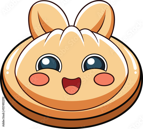 Bao Bun with Blushing Face and Steam in Kawaii Style on White Background