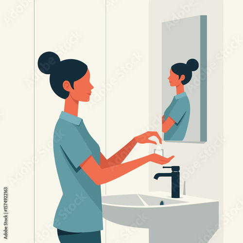 Woman using soap in bathroom in flat vector style
